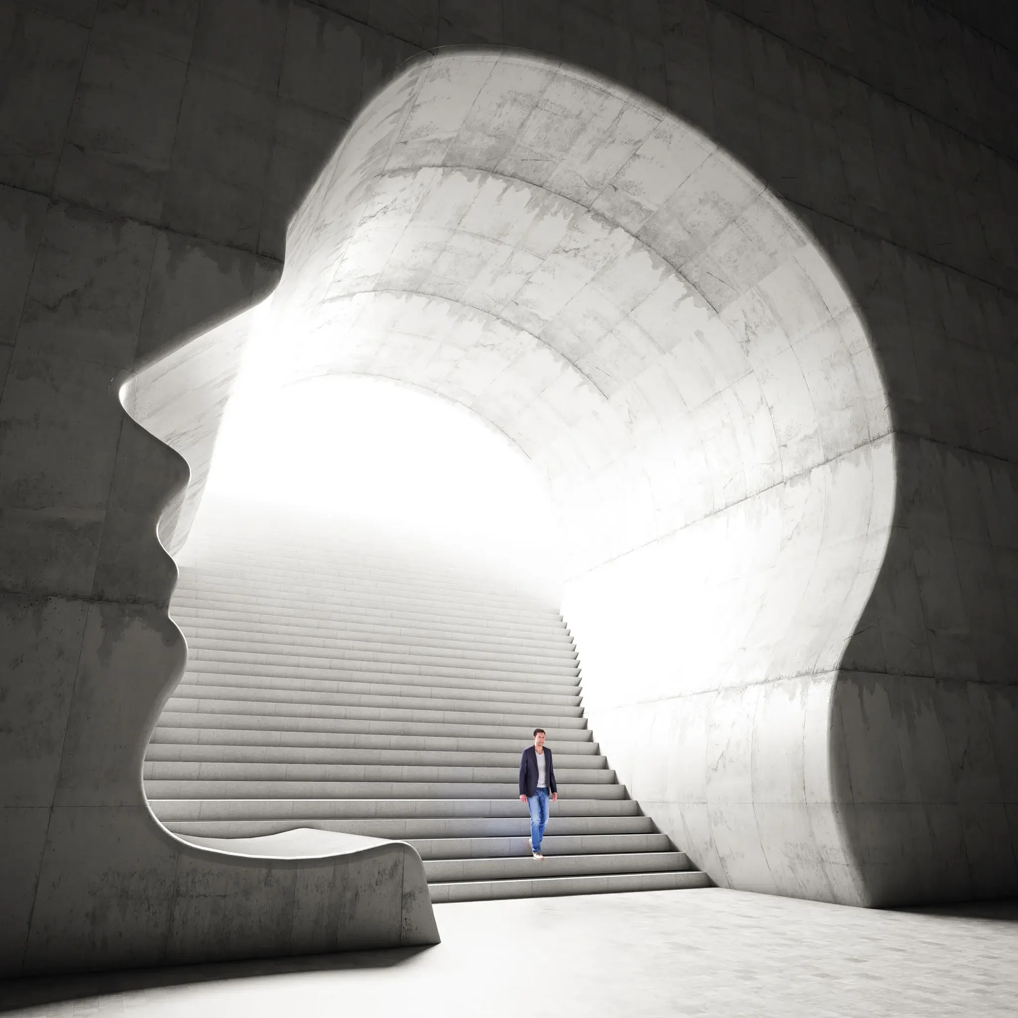 Person stands inside a giant illuminated head sculpture.