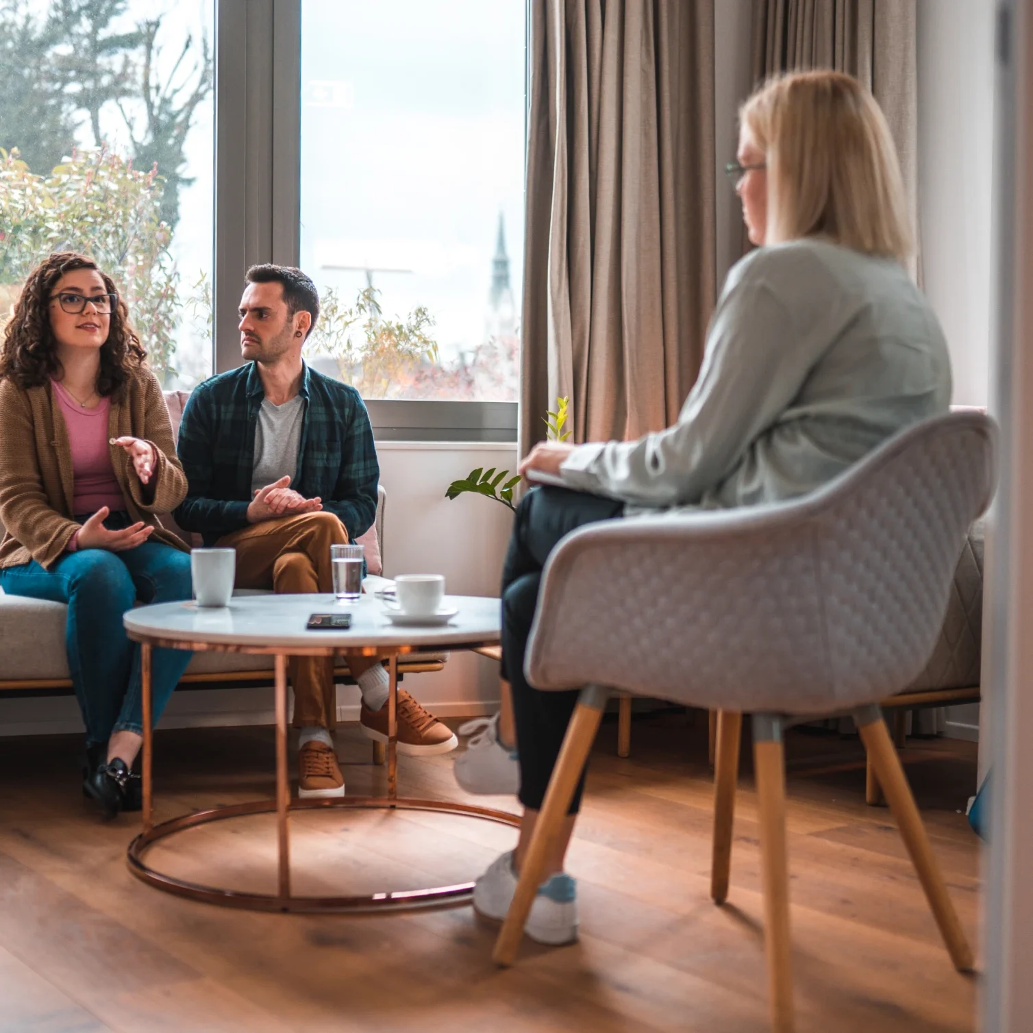 Counseling session with couple and therapist
